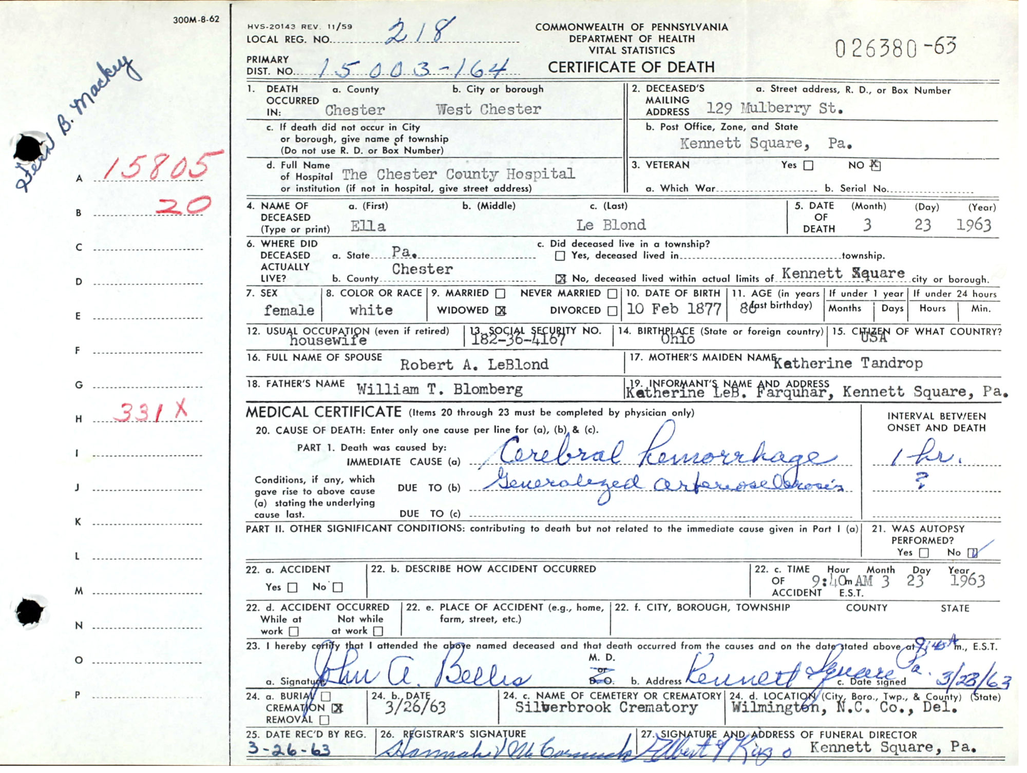 1963-03-23 Ella Blomberg LeBlond Death Certificate