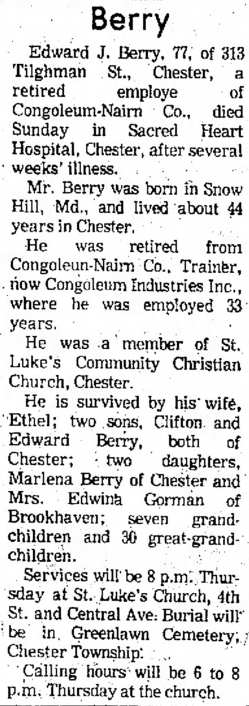 1974-09-11 Delaware County Daily Times Wed p4, Edward J Berry Obit