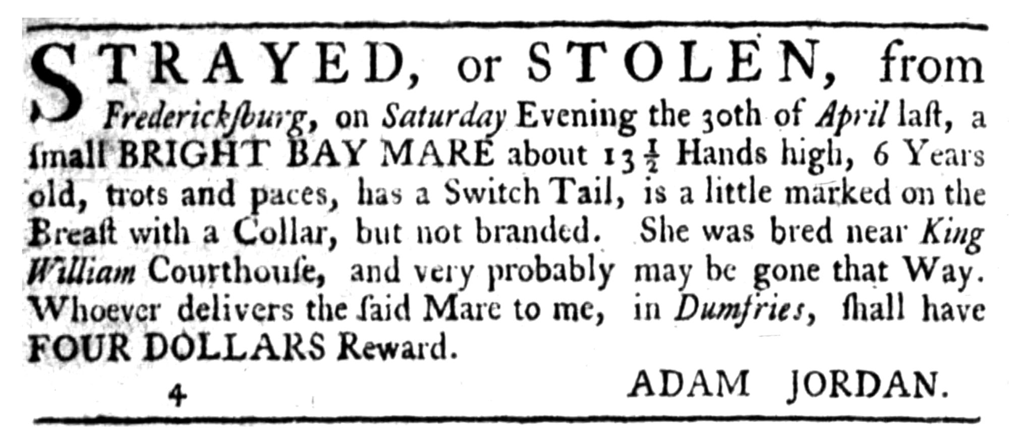 Adam Jordan, The Virginia Gazette (Williamsburg, VA) Sat May 27, 1775, p4