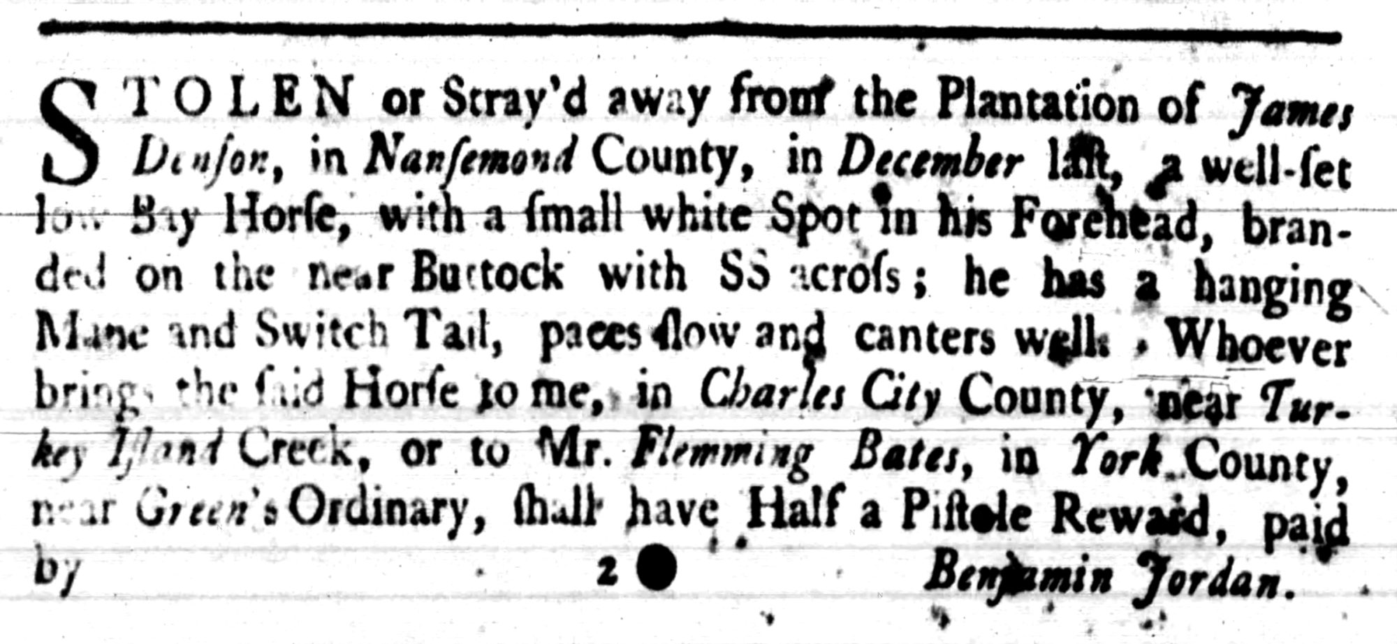 Benjamin Jordan, The Virginia Gazette (Williamsburg, VA) Sun May 22, 1746, p4