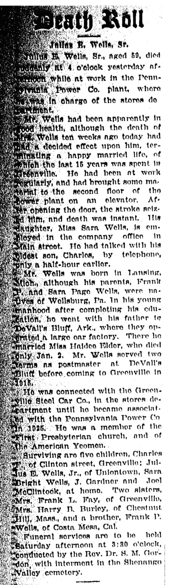 Death Roll, Julius E Wells, The Record Argus (Greenville, PA) Fri Mar 20, 1931, p9