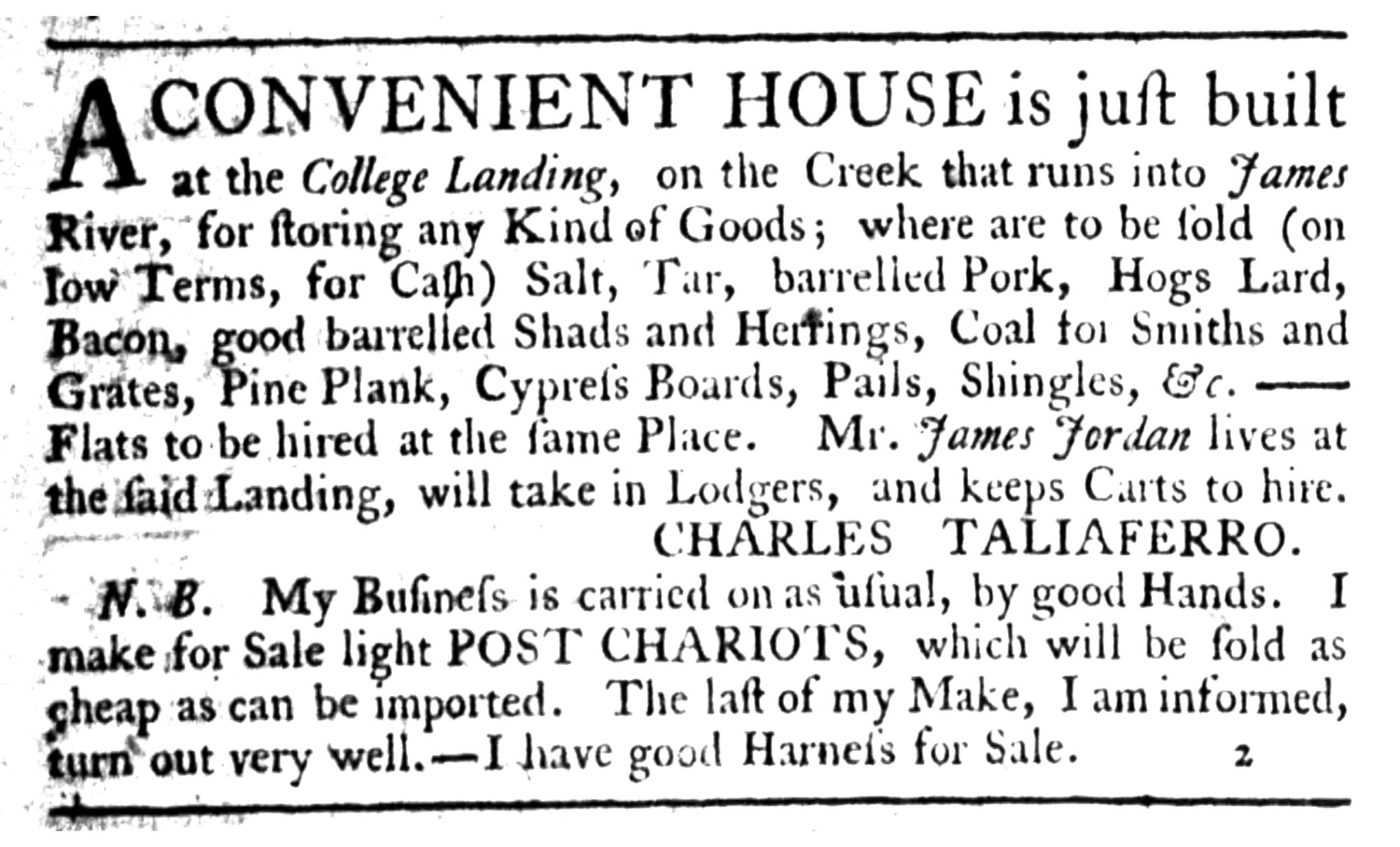 James Jordan, The Virginia Gazette (Williamsburg, VA) Sat Jun 10, 1775, p4