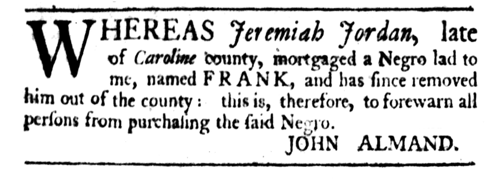 Jeremiah Jordan, The Virginia Gazette (Williamsburg, VA) Fri Nov 4, 1763, p4