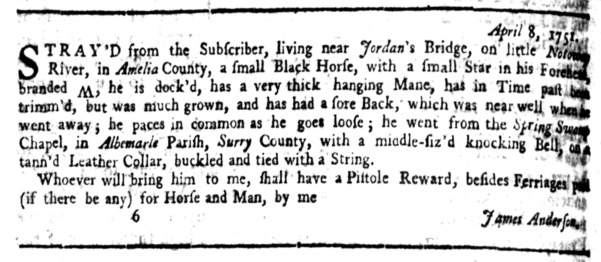 Jordan's Bridge, The Virginia Gazette (Williamsburg, VA) Sun Jul 25, 1751, p4