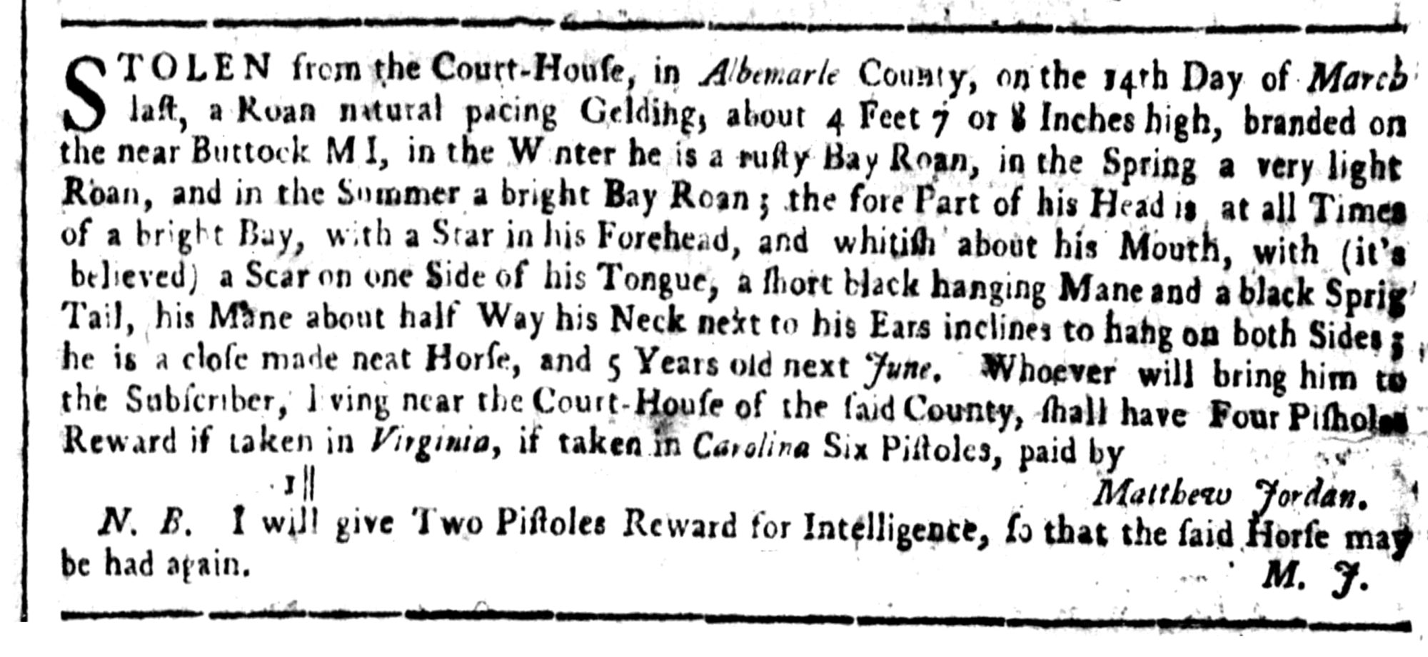 Matthew Jordan, The Virginia Gazette (Williamsburg, VA) Fri May 9, 1755, p2