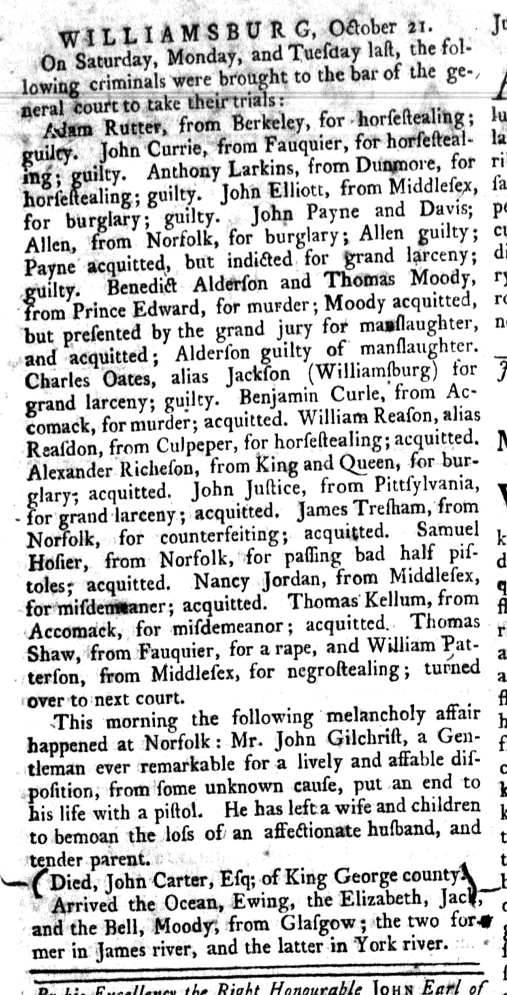 Nancy Jordan, Rind's Virginia Gazette (Williamsburg, VA) Thu Oct 21, 1773, p2