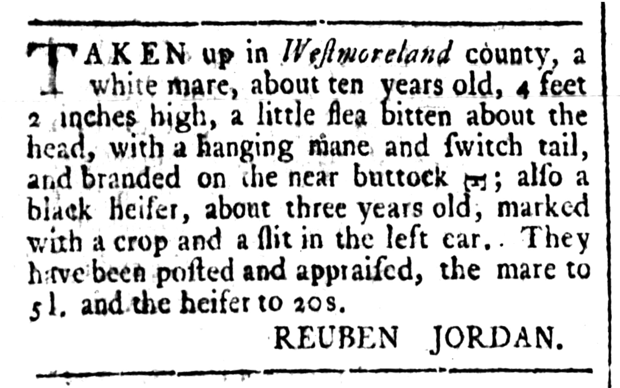 Reuben Jordan, Rind's Virginia Gazette (Williamsburg, VA) Thu Jun 16, 1768, p4