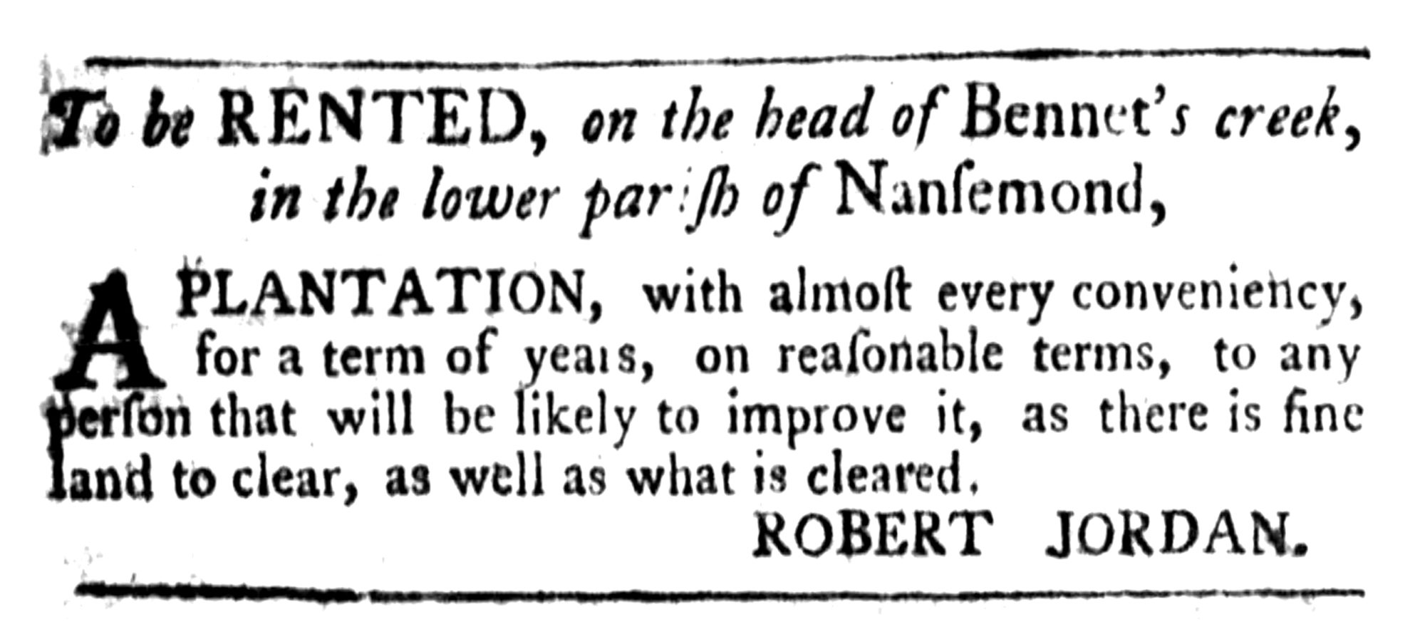 Robert Jordan, The Virginia Gazette (Williamsburg, VA) Fri Sep 12, 1766, p4