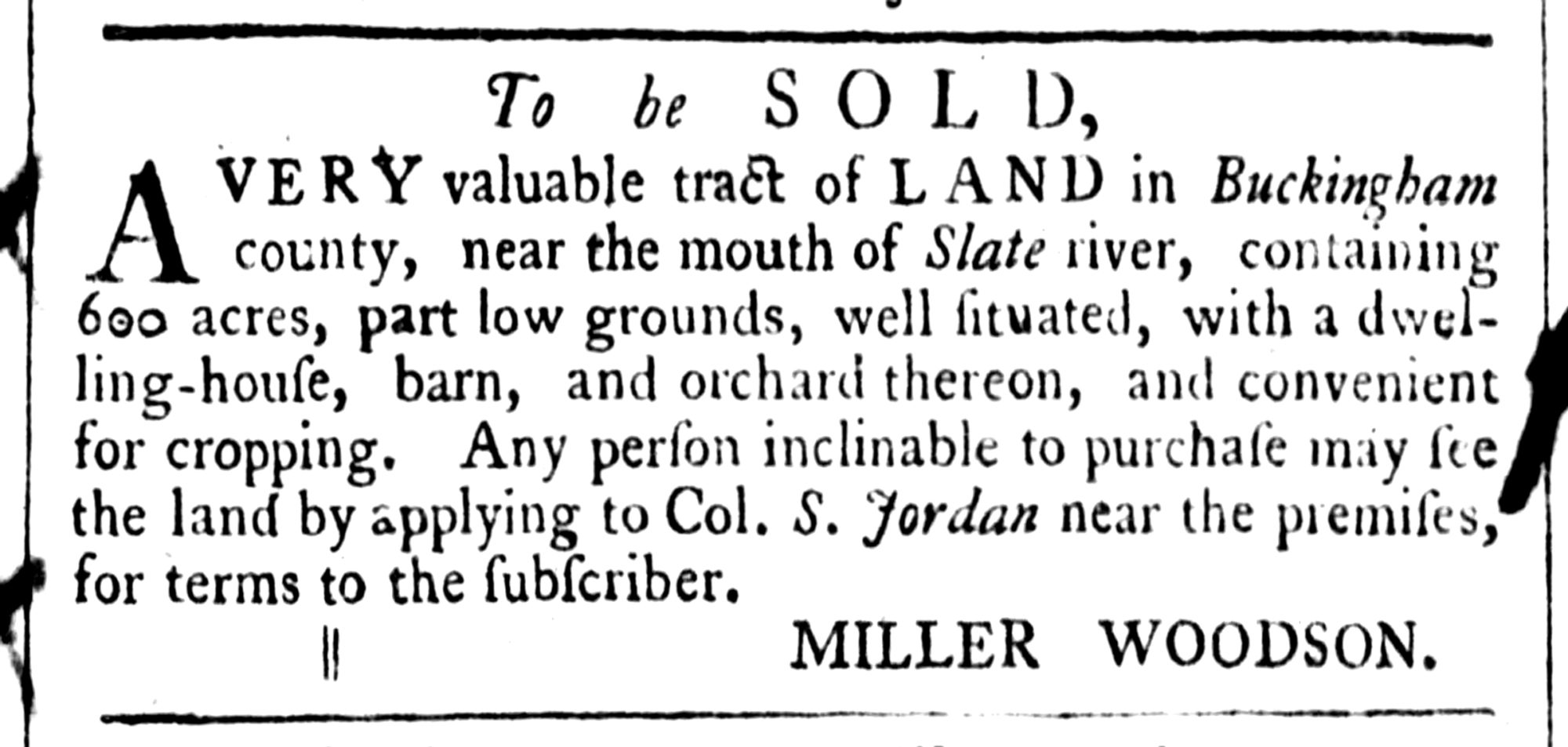 S Jordan, The Virginia Gazette (Williamsburg, VA) Fri Aug 15, 1766, p3