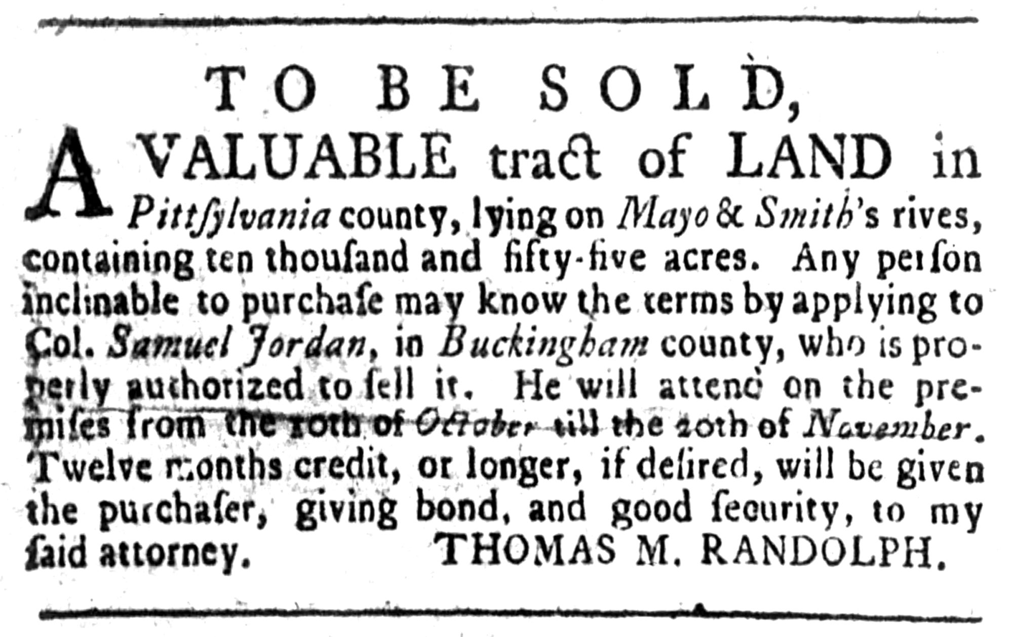 Samuel Jordan, Rind's Virginia Gazette (Williamsburg, VA) Thu Sep 5, 1771, p4