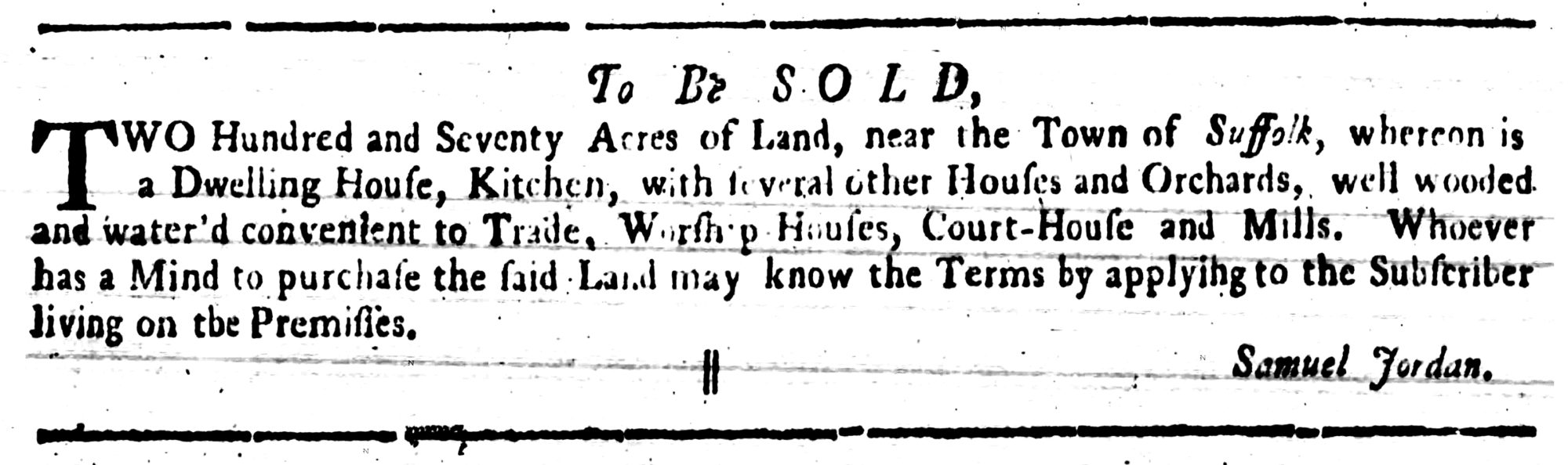 Samuel Jordan, The Virginia Gazette (Williamsburg, VA) Fri Dec 12, 1755, p3