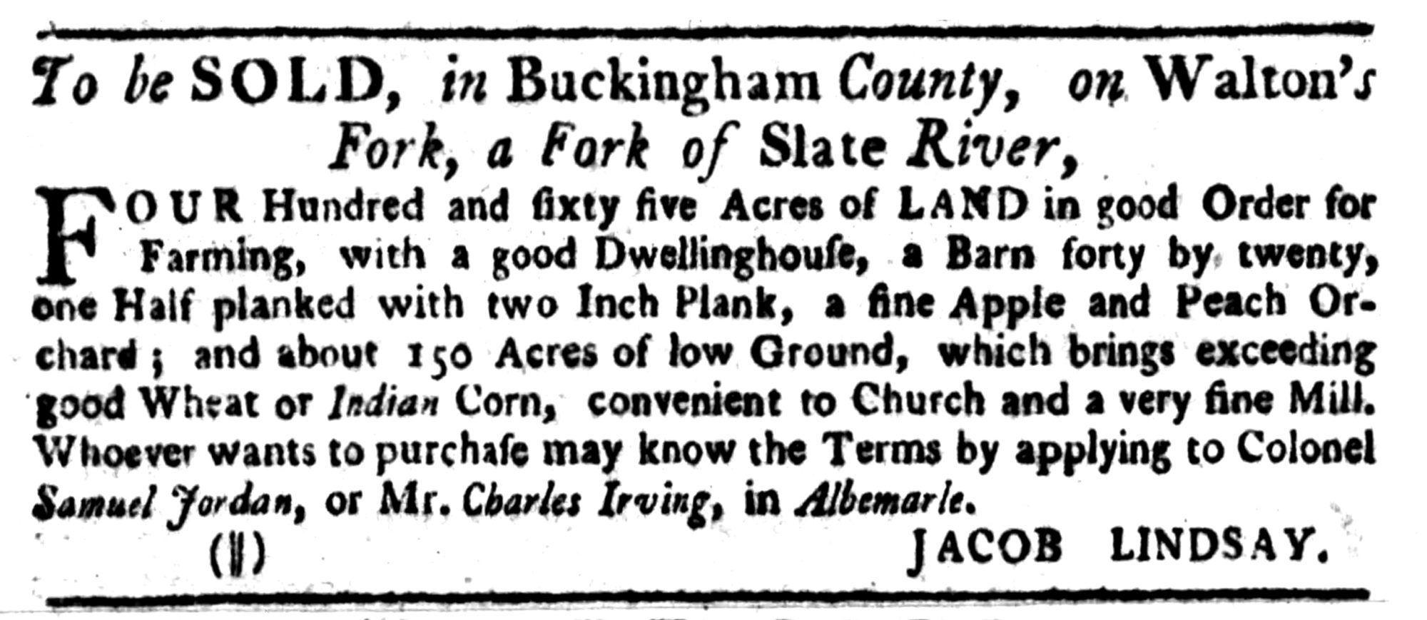 Samuel Jordan, The Virginia Gazette (Williamsburg, VA) Thu Aug 19, 1773, p3