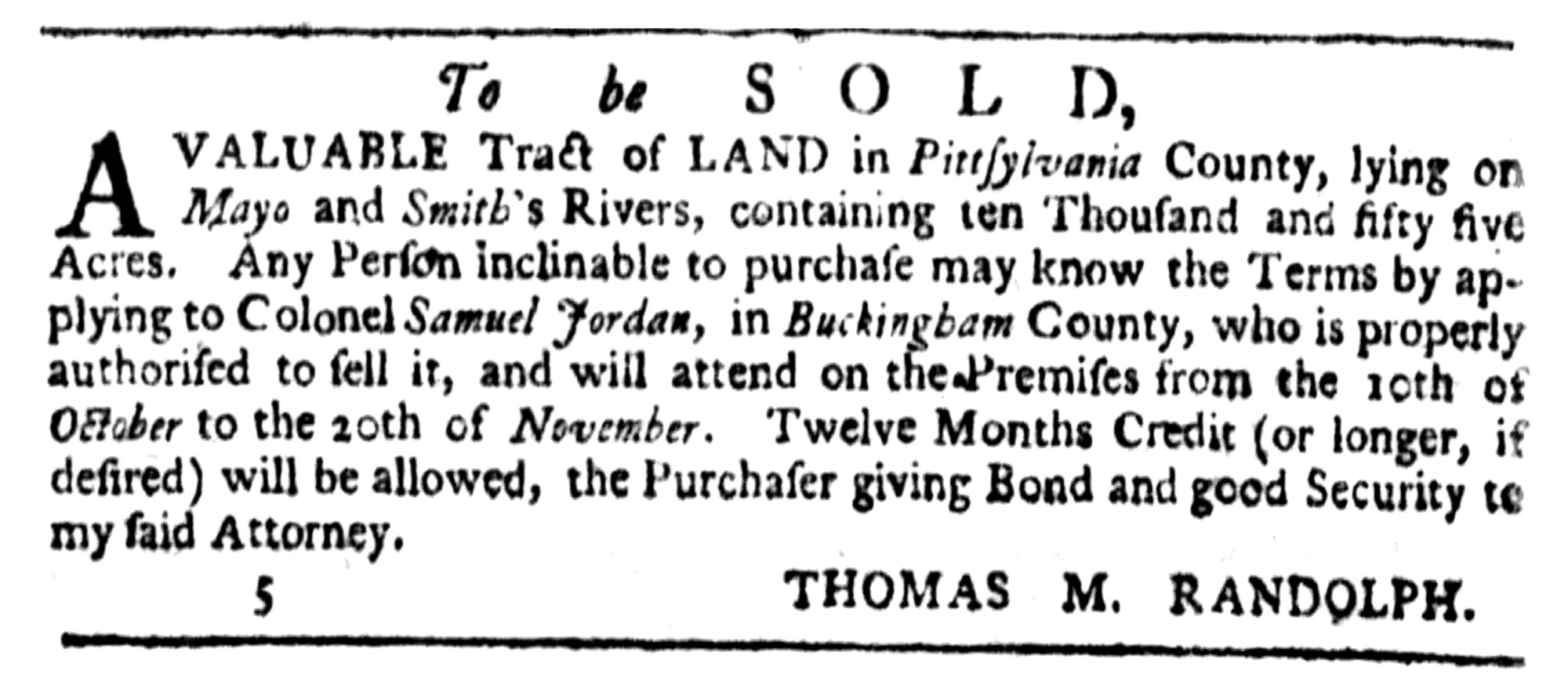 Samuel Jordan, The Virginia Gazette (Williamsburg, VA) Tue Sep 17, 1771, p4