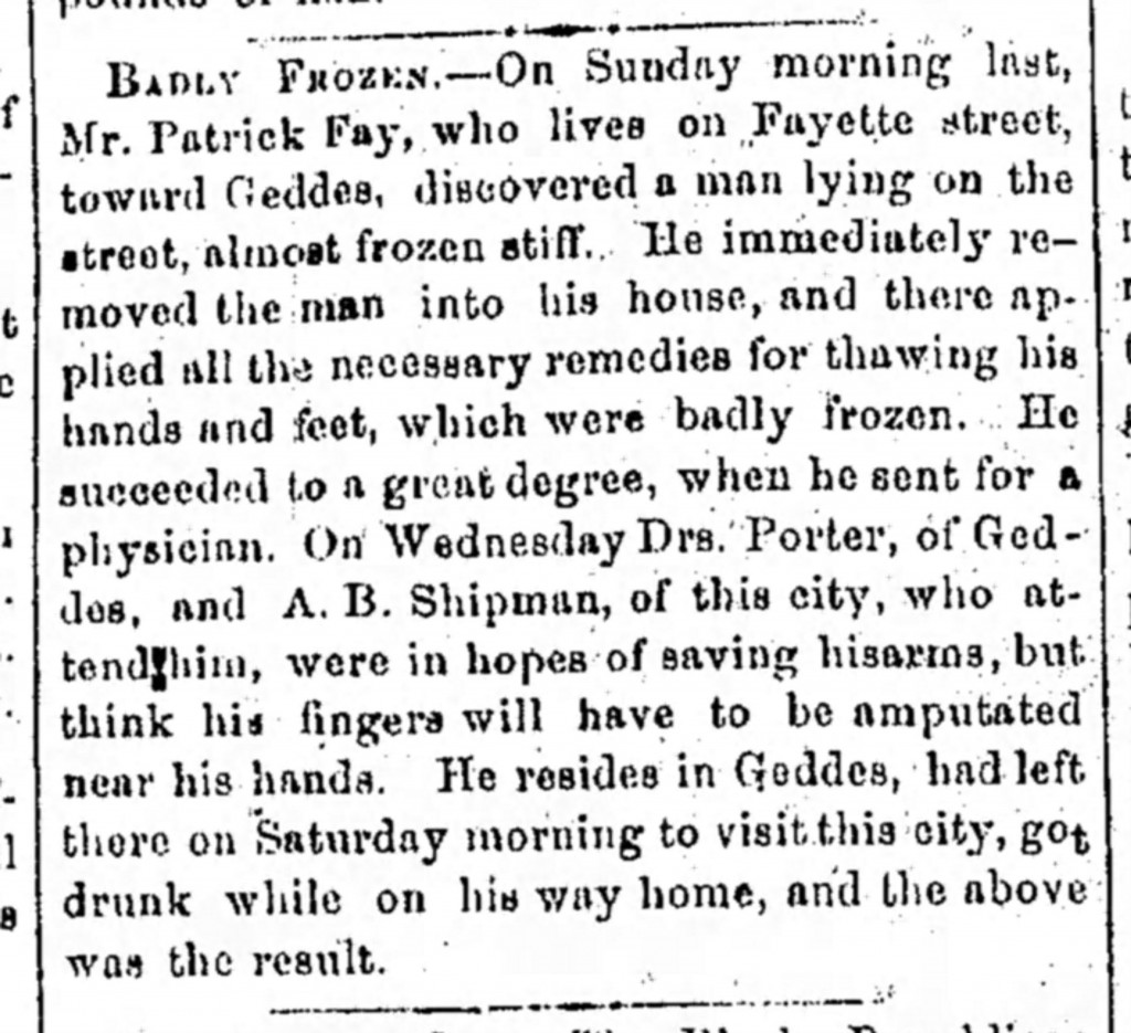 Syracuse Daily Courier And Union, page 3, Friday March 12, 1858 - Patrick Fay Finds Man Badly Frozen