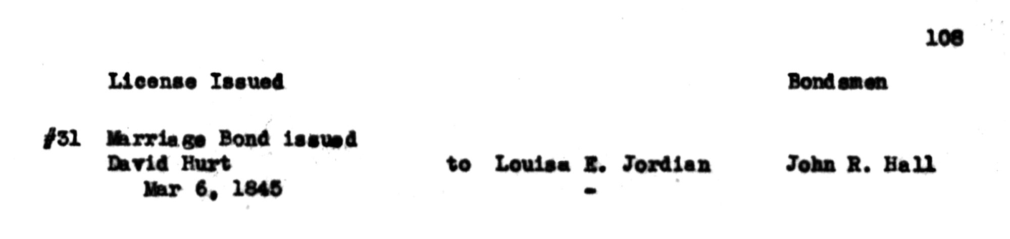 Tennessee State Marriages, 1780-2002 - Joseph David Hurt and Louisa E Jordan