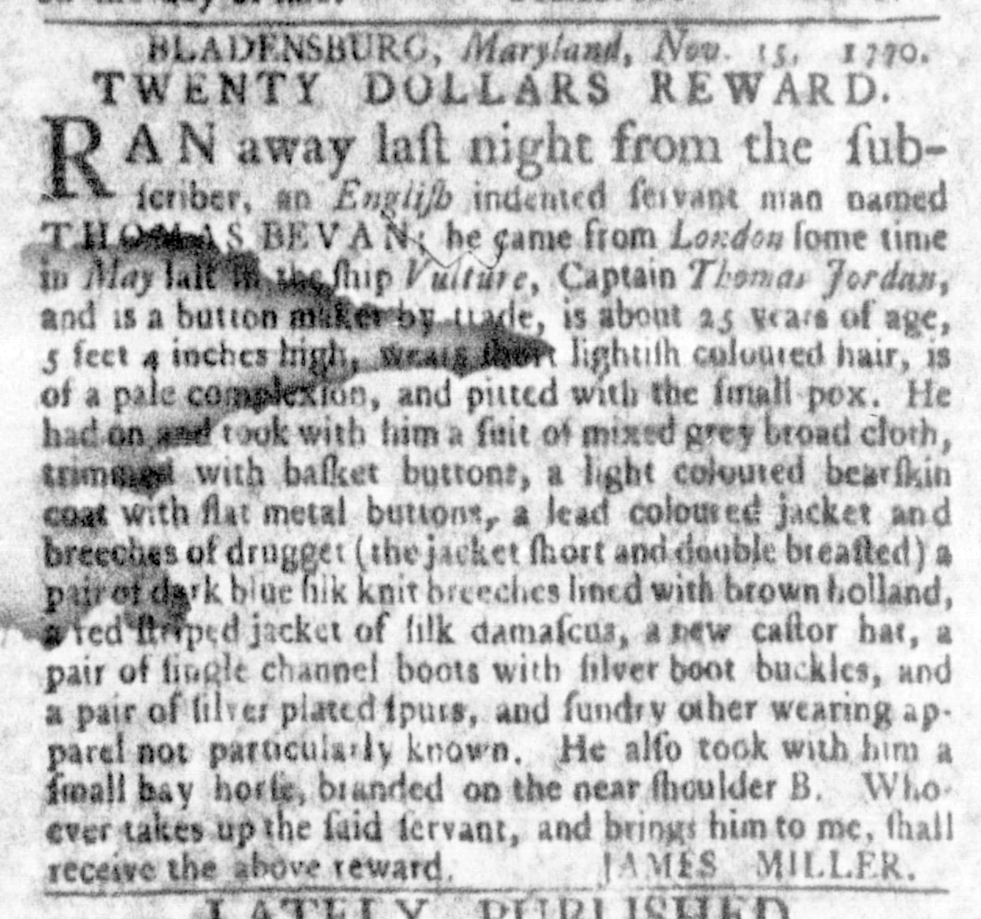 Thomas Jordan, Rind's Virginia Gazette (Williamsburg, VA) Thu Jan 31, 1771, p4