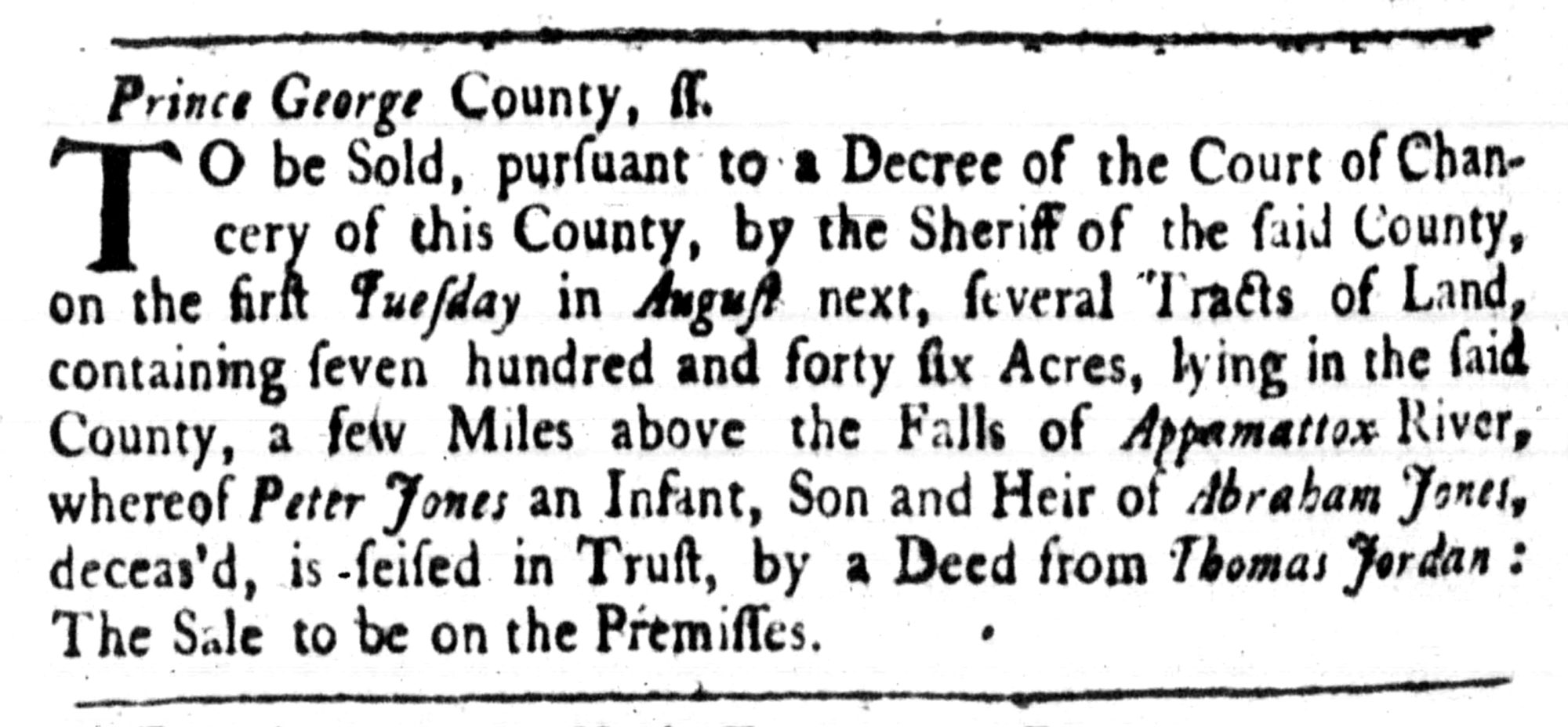 Thomas Jordan, The Virginia Gazette (Williamsburg, VA) Sun Jul 4, 1745, p4