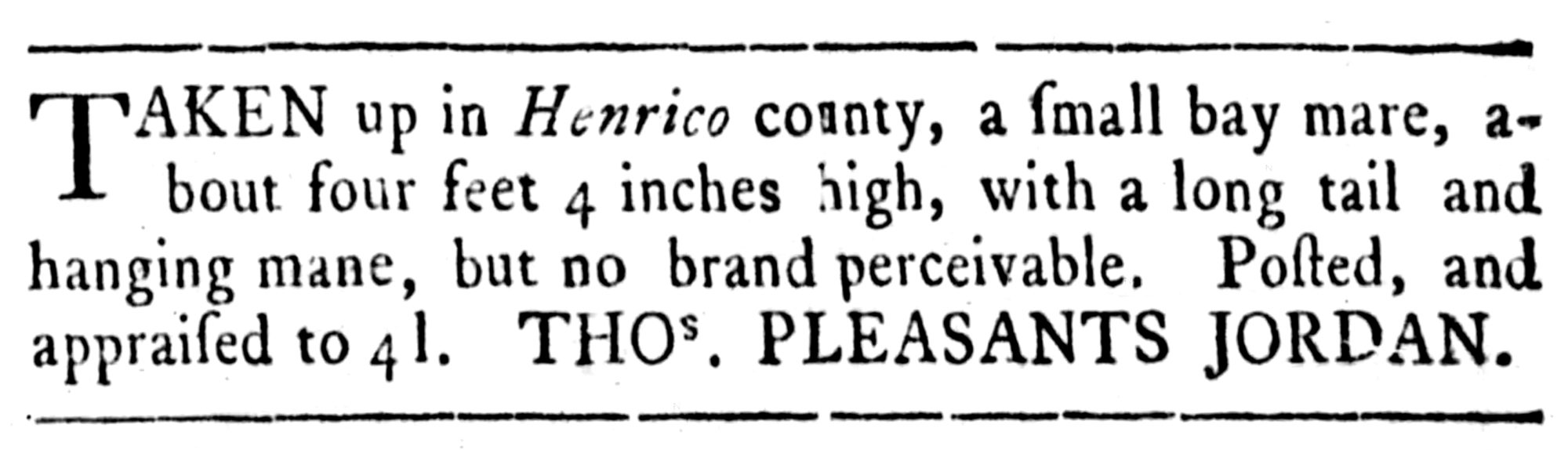 Thomas Pleasants Jordan, Rind's Virginia Gazette (Williamsburg, VA) Thu Mar 29, 1770, p5