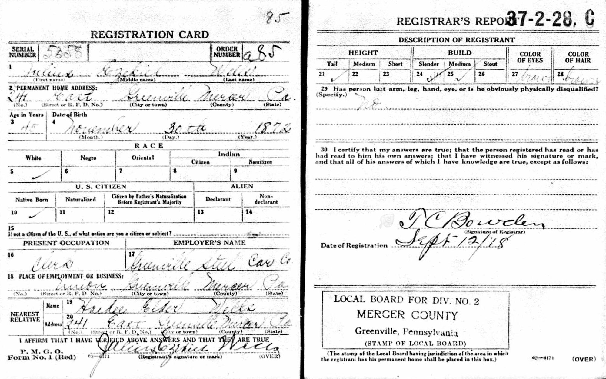 US, World War I Draft Registration Cards, 1917-1918 - Julius Ezekiel Wells