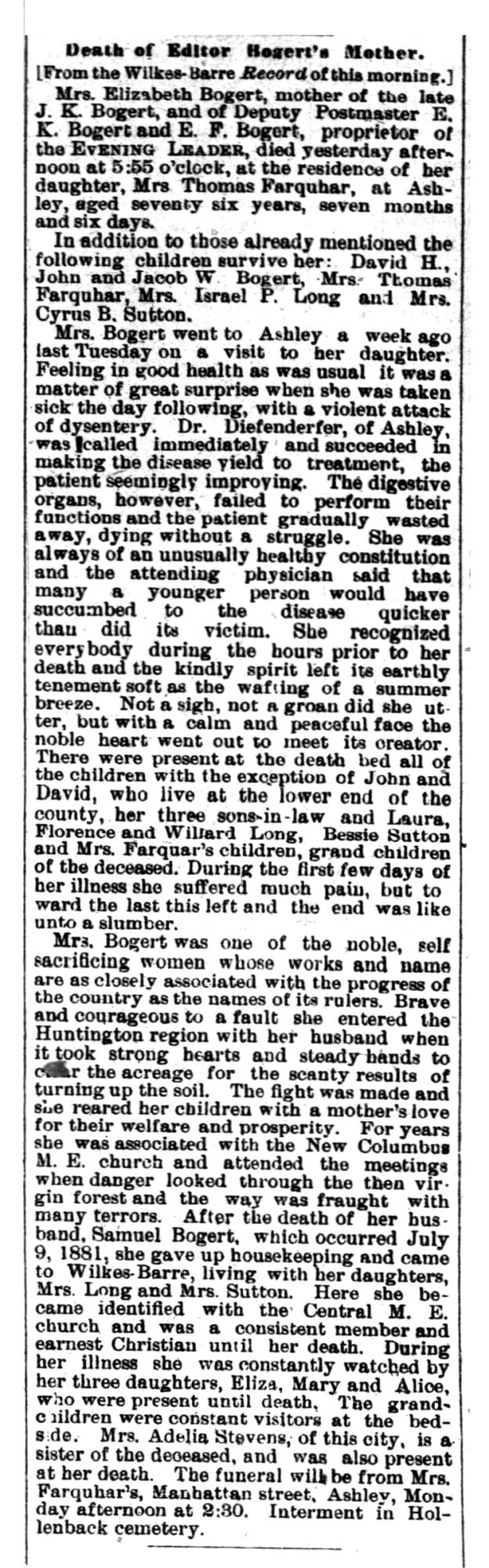 Wilkes Barre Times Leader, the Evening News Sat Aug 4, 1888, p1, Death of Editor Bogert's Mother