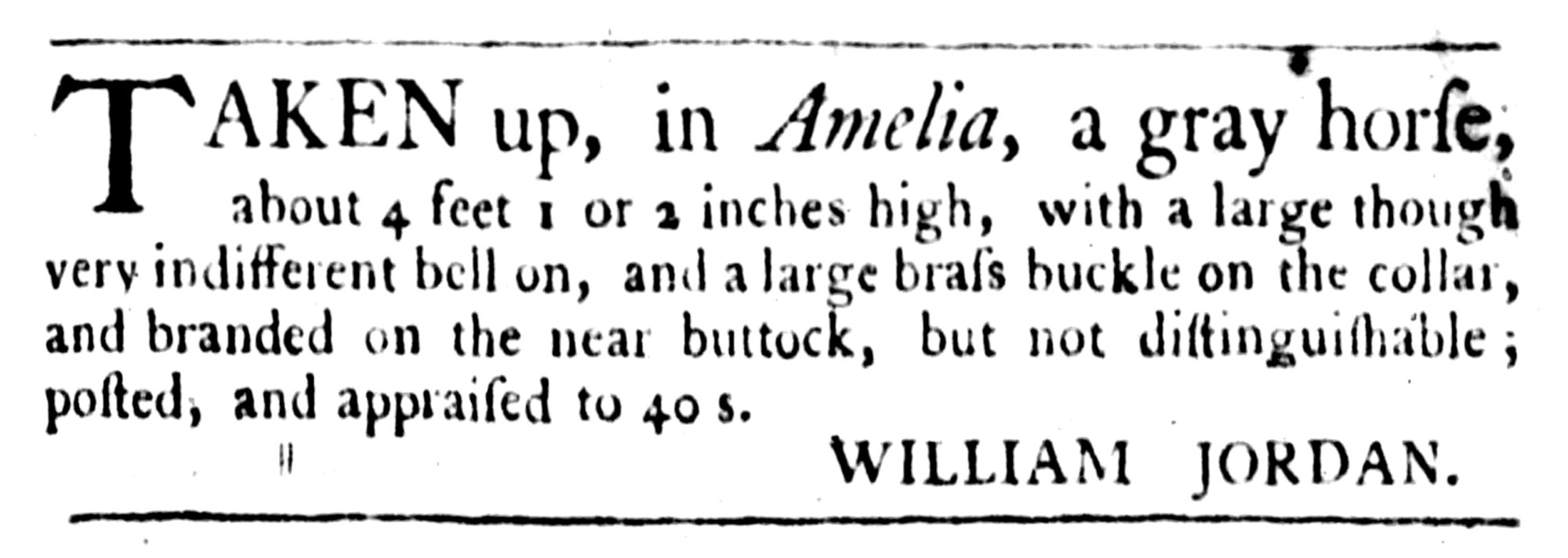 William Jordan, The Virginia Gazette (Williamsburg, VA) Thu Apr 16, 1767, p3