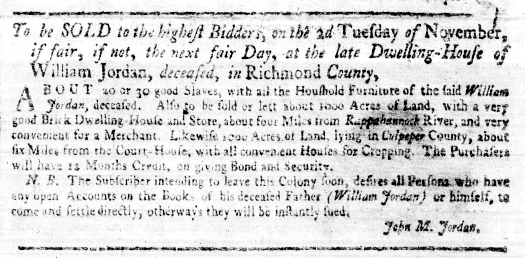 William Jordan and John M Jordan, The Virginia Gazette (Williamsburg, VA) Fri Apr 22, 1757, p3