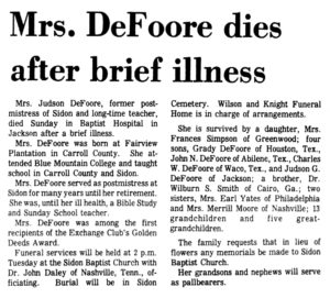 The Greenwood Commonwealth (Greenwood, MS) Mon Jan 20, 1975, p1, Mrs DeFoore Dies